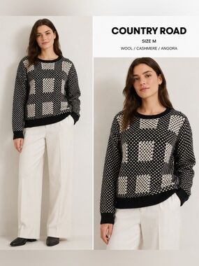 Country Road Wool Blend cashmere angora Geometric Knit Sweater Black & White/M